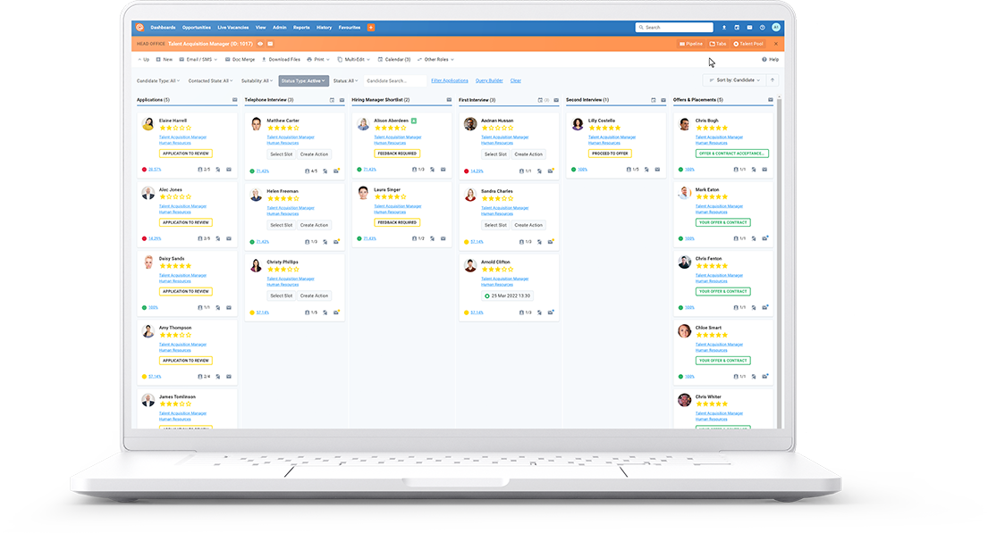 Eploy Applicant Tracking System & Recruiting Software showing the drag and drop pipeline interface for moving candidates through a hiring process